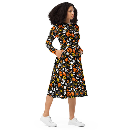 Everything Spooky 2021 Orange, Yellow, Black, White Halloween Long Sleeve Midi Dress with Pockets