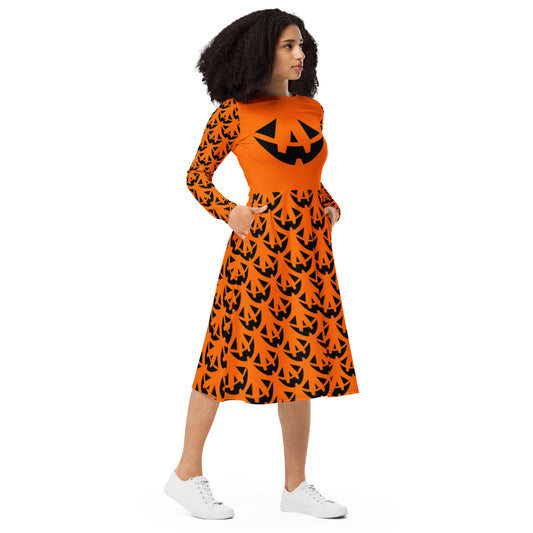 Jack-O-Lantern Face Two Halloween Long Sleeve Midi Dress with Pockets