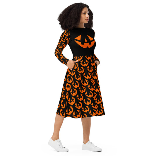 Jack-O-Lantern Face Three Halloween Long Sleeve Midi Dress with Pockets