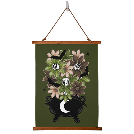 Witchy Dark Academia Gothic Cauldron Skull Flowers Wood Framed Wall Tapestry