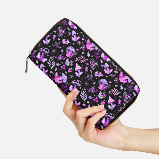 Midnight Mushrooms Purple, Magenta Zipper Wallet