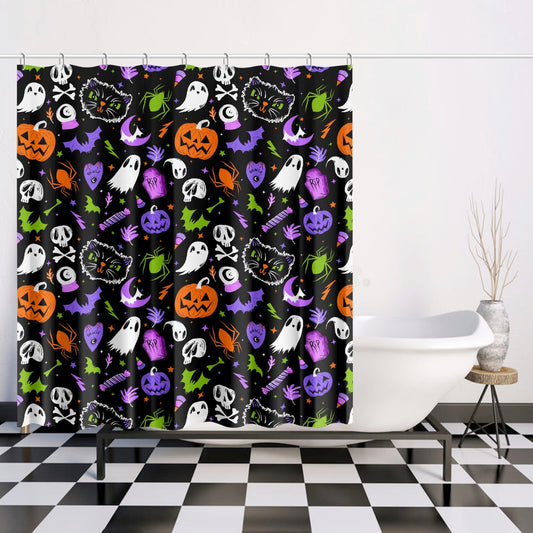 Everything Spooky 2022 Black, White, Purple, Orchid, Palm, Orange Halloween Shower Curtain