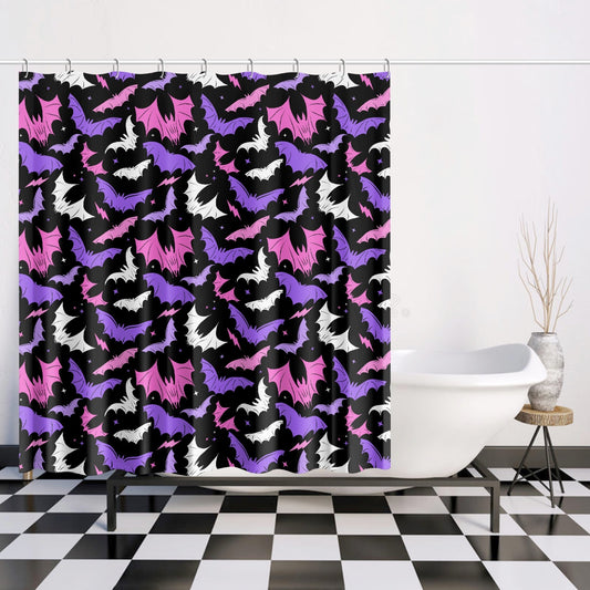 Batty Bats 2023 Black with Pink, Purple, Lavender Gothic Halloween Shower Curtain