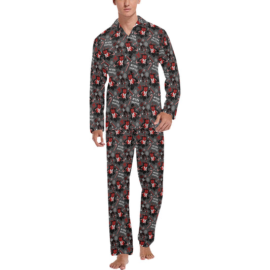 Merry Krampus Gray Red Creepmas Spooky Men's and Women's Long Sleeve Pajama Sets No Pockets