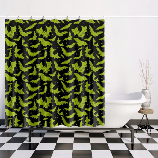 Batty Bats 2023 Black with Chartreuse Gothic Halloween Shower Curtain