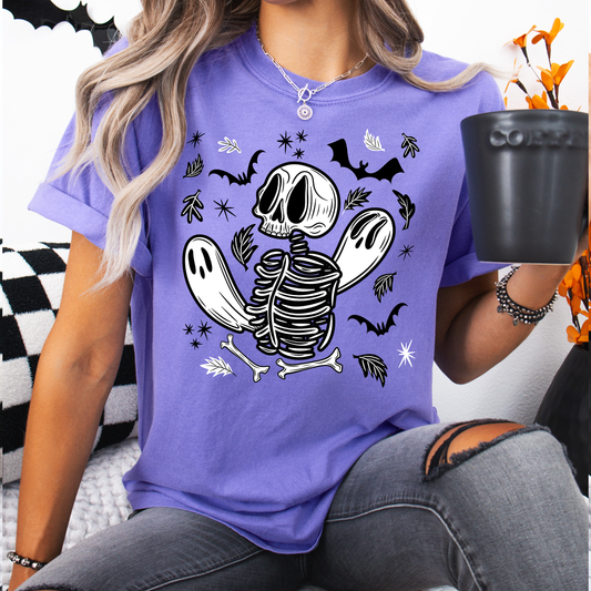 Stay Spooky Cute Skeleton Ghosties BW Garment-Dyed T-Shirt