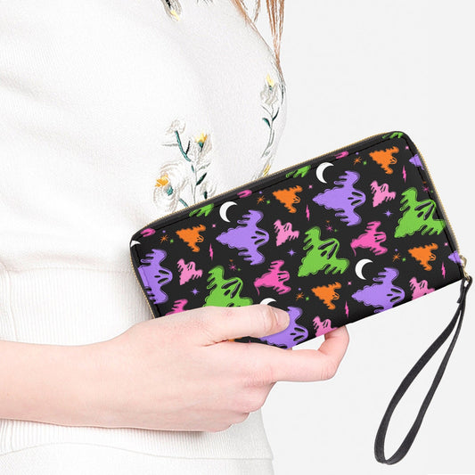 Graveyard Ghosts Black, White, Purple, Pink, Green, Orange Faux Leather Wristlet Clutch Wallet