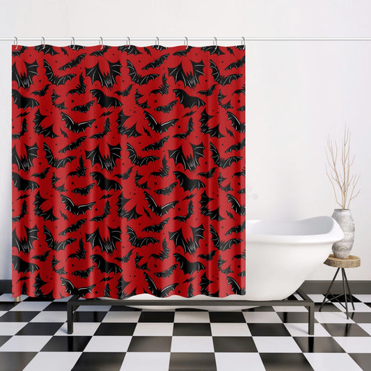 Batty Bats 2023 Red Black Gothic Halloween Shower Curtain