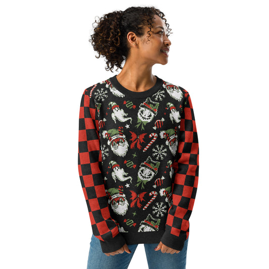 Santa & Snowman Check Spooky Gothic Spooky Creepmas Knitted Classic Crewneck Knit Sweater