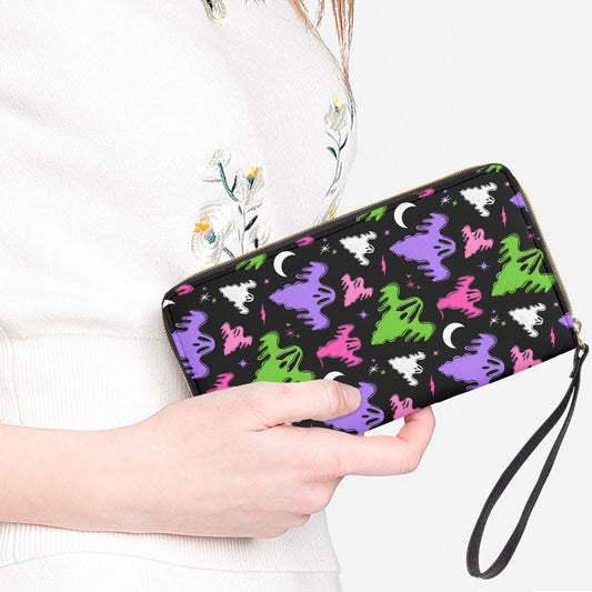 Graveyard Ghosts Black, White, Purple, Pink, Green Faux Leather Wristlet Clutch Wallet