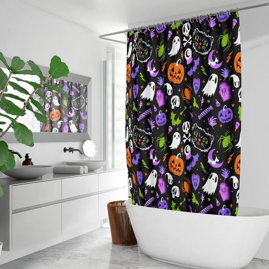 Everything Spooky 2022 Black, White, Purple, Orchid, Palm, Orange Halloween Shower Curtain