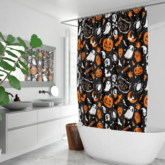 Everything Spooky 2022 Black, White, Orange Halloween Shower Curtain