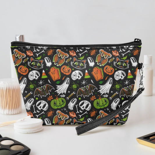 Everything Halloween 24 Green Orange Faux Leather Makeup Accessory Bag