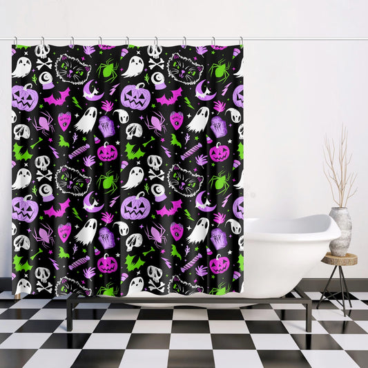 Everything Spooky 2022 Black, White, Magenta, Lavender, Green Halloween Shower Curtain