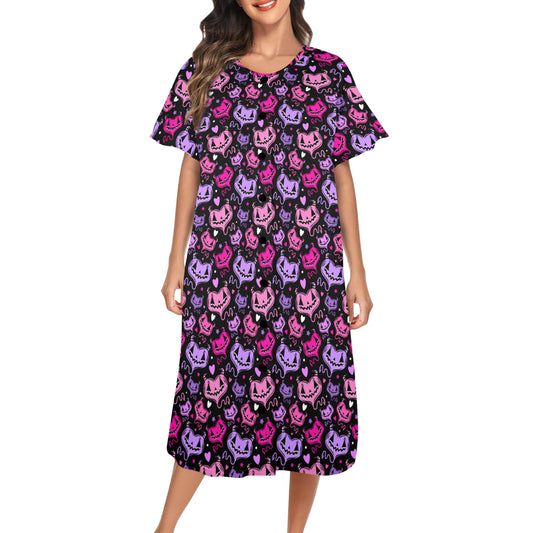 Demon Hearts Pink Purple Valloween Spooky Cute Women's Button Front Lounge Dress