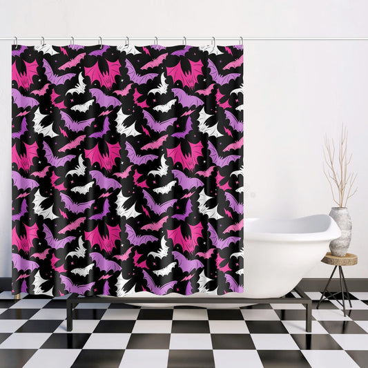 Batty Bats 2023 Black with Hot Pink, Orchid Gothic Halloween Shower Curtain