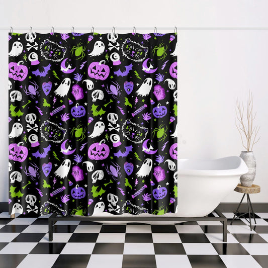 Everything Spooky 2022 Black, White, Purple, Orchid, Palm Halloween Shower Curtain