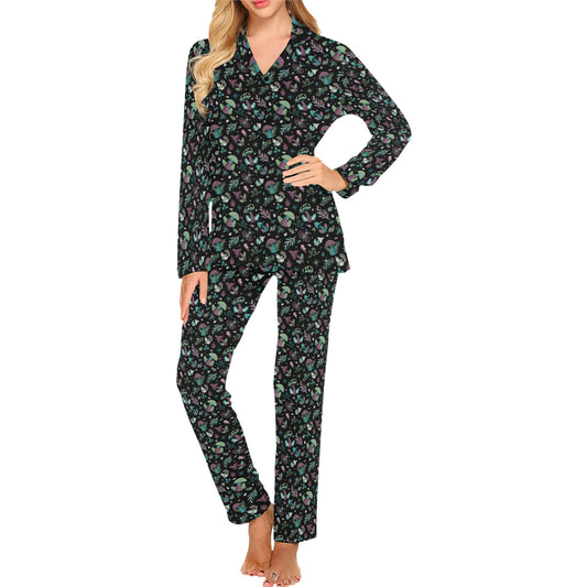 Midnight Mushrooms Mint Mauve Mens and Womens Long Sleeve Pajama Sets No Pockets