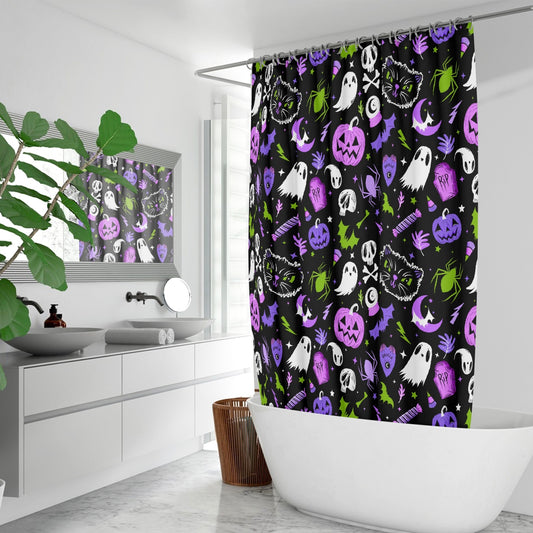 Everything Spooky 2022 Black, White, Purple, Orchid, Palm Halloween Shower Curtain