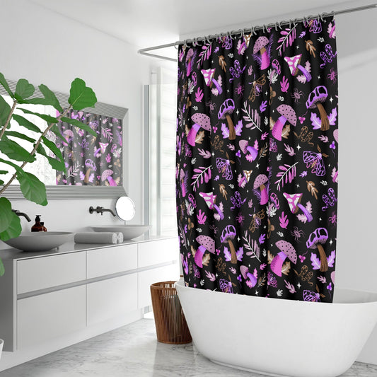 Midnight Mushrooms 2022 Magenta Fawn Mushroomcore Cottagecore Witchy Shower Curtain