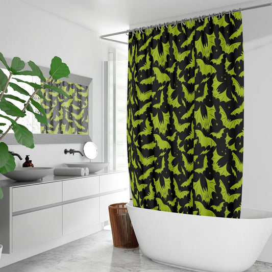 Batty Bats 2023 Black with Chartreuse Gothic Halloween Shower Curtain