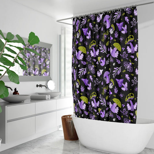 Midnight Mushrooms 2022 Purple, Chartreuse Mushroomcore Cottagecore Witchy Shower Curtain