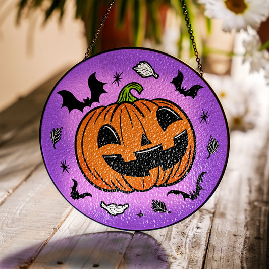 Happy Jack-O-Lantern Purple Glass Suncatcher for Window Hanging