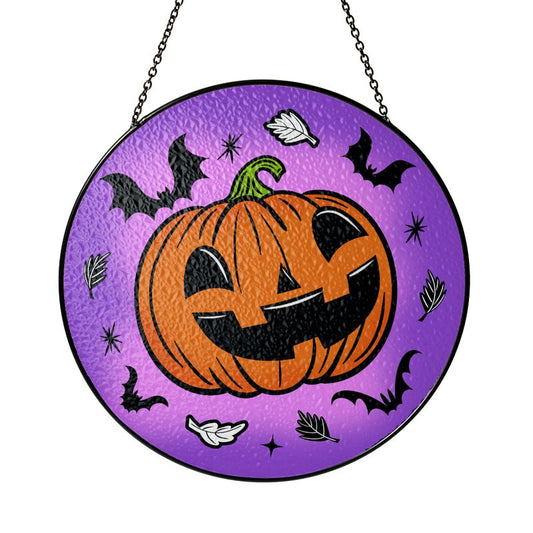 Happy Jack-O-Lantern Purple Glass Suncatcher for Window Hanging