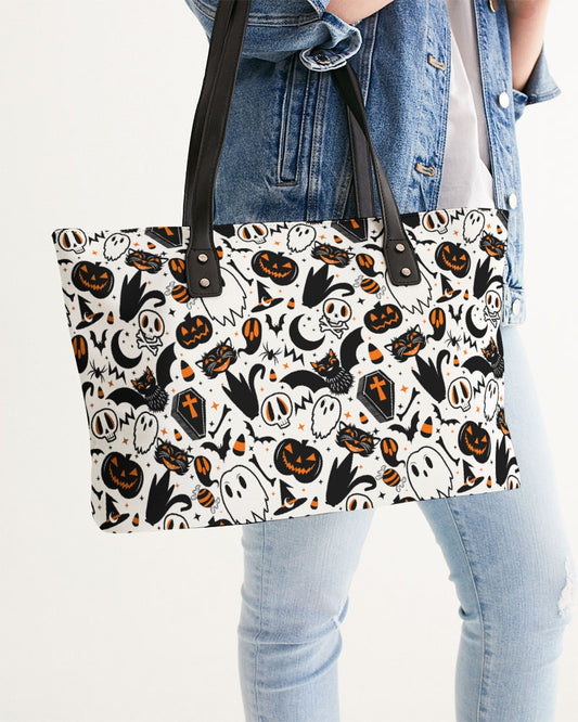 Halloween Night White with Orange, Black Faux Leather Tote Bag