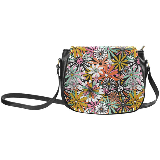 Groovy 60's Flowers Hippie Boho Faux Leather Saddle Purse