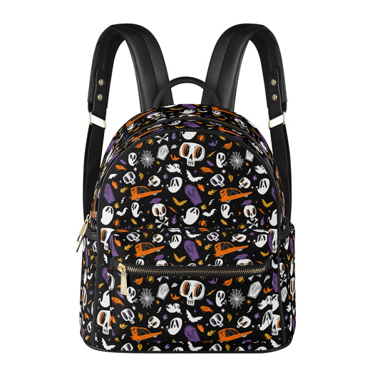 Cemetery Creeps 22 Orange, Purple, Gold Faux Leather Mini Backpack Purse