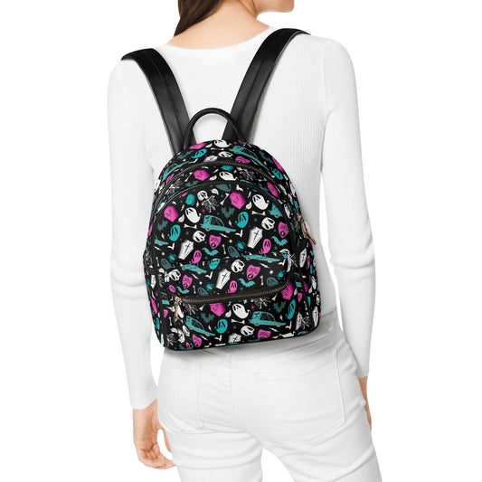 Dearly Departed 2022 Black, White, Magenta, Teal Faux Leather Mini Backpack Purse