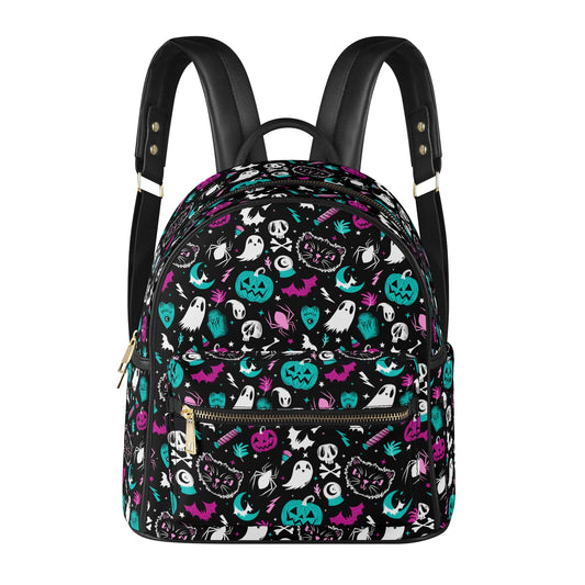 Everything Spooky 2022 Black, White, Magenta, Turquoise Faux Leather Mini Backpack Purse