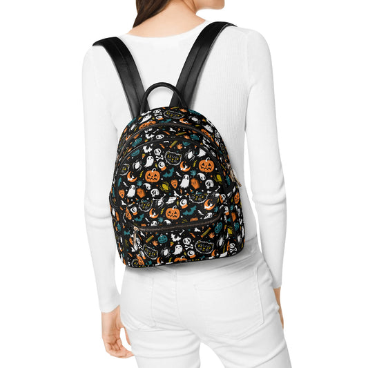 Everything Spooky 2022 Black, White, Orange, Teal, Gold Faux Leather Mini Backpack Purse