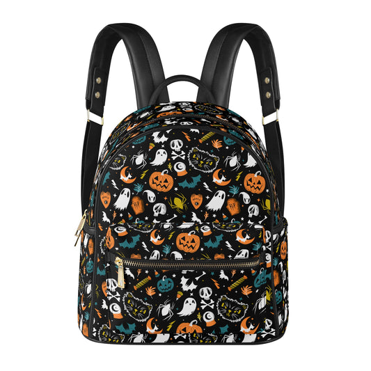 Everything Spooky 2022 Black, White, Orange, Teal, Gold Faux Leather Mini Backpack Purse