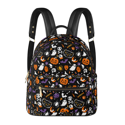 Everything Spooky 2022 Black, White, Orange, Purple, Gold Faux Leather Mini Backpack Purse