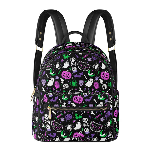 Everything Spooky 2022 Black, White, Purple, Green Magenta Faux Leather Mini Backpack Purse