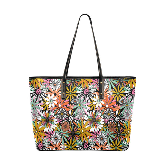 Groovy Floral Hippie Faux Leather Tote Bag