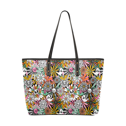 Spooky Floral Hippie Springoween Faux Leather Tote Bag