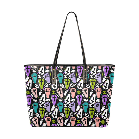 Cotton Candy Coffins Black, White, Pink, Purple, Chartreuse, Turquoise Spooky Faux Leather Tote Bag