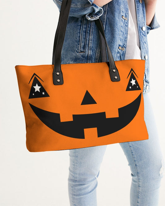 Jack-O-Lantern Face Orange Faux Leather Tote Bag