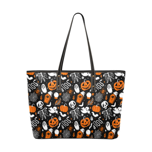 Everything Halloween 2022 Black, White, Orange Faux Leather Halloween Tote Bag