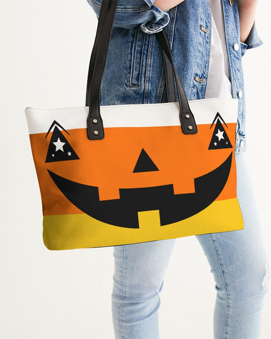 Happy Jack-O-Lantern Face Candy Corn Stripes Faux Leather Tote Bag