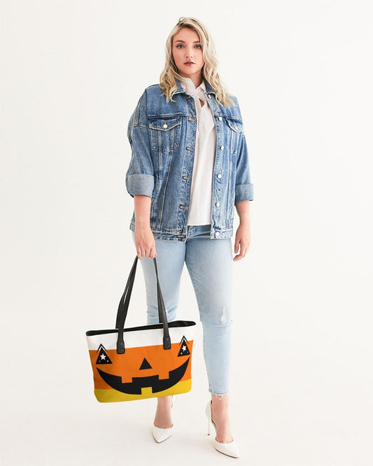 Happy Jack-O-Lantern Face Candy Corn Stripes Faux Leather Tote Bag