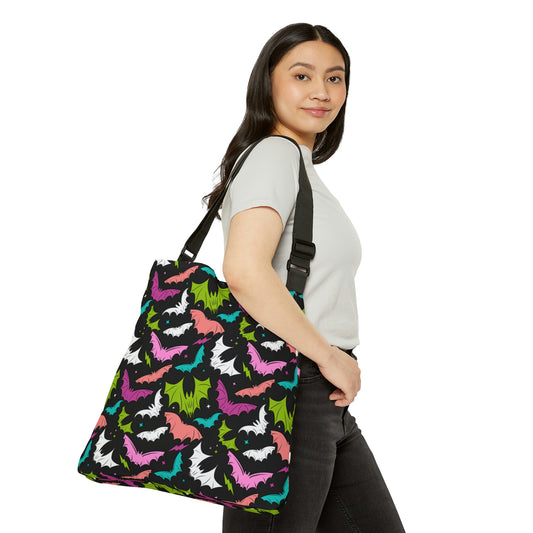 Batty Bats 2023 Black Multi Peach, Mauve, Turquoise, Chartreuse Adjustable Tote Bag (AOP)