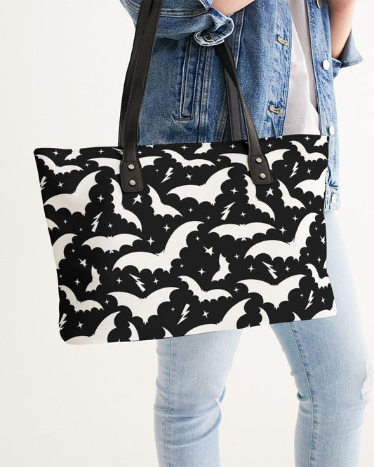 Bats and Stars Black and White Faux Leather Tote Bag