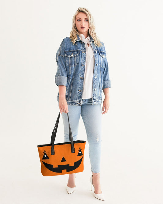 Jack-O-Lantern Face Orange Faux Leather Tote Bag