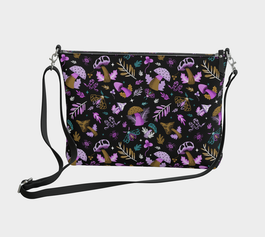 Midnight Mushrooms Bronze Teal Lilac Faux Leather Crossbody Purse