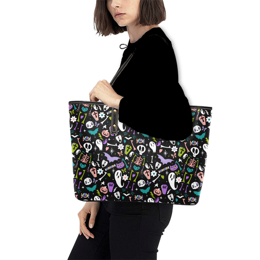 Cotton Candy Creeps Black, White, Pink, Purple, Chartreuse, Turquoise Spooky Faux Leather Tote Bag