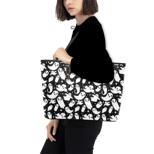 Ghosties 2022 Black, White Spooky Faux Leather Tote Bag